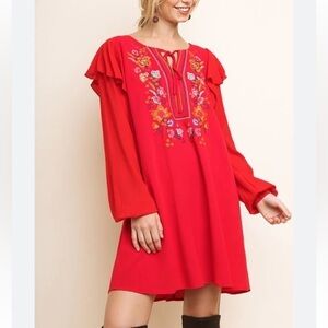 Umgee Women’s Red Floral Embroidered Boho Long Sleeve Dress Sz S
